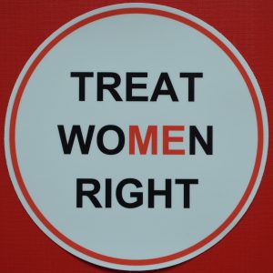 A Treat Women Right Car bumper sticker in red and white with no red underline.